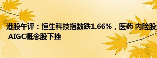 港股午评：恒生科技指数跌1.66%，医药 内险股走高，汽车 AIGC概念股下挫