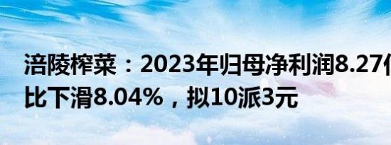 涪陵榨菜：2023年归母净利润8.27亿元，同比下滑8.04%，拟10派3元