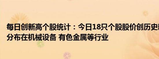 每日创新高个股统计：今日18只个股股价创历史新高，主要分布在机械设备 有色金属等行业