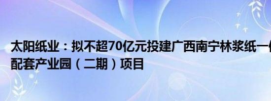 太阳纸业：拟不超70亿元投建广西南宁林浆纸一体化技改及配套产业园（二期）项目