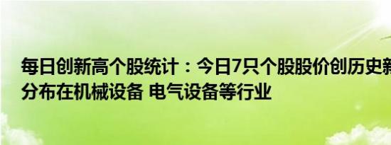 每日创新高个股统计：今日7只个股股价创历史新高，主要分布在机械设备 电气设备等行业