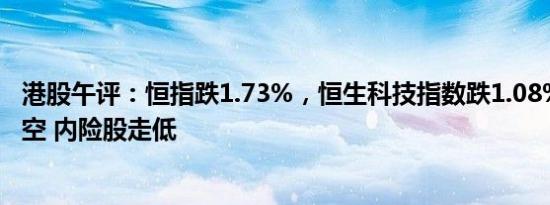 港股午评：恒指跌1.73%，恒生科技指数跌1.08%，汽车 航空 内险股走低