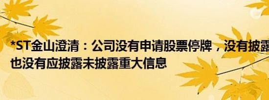 *ST金山澄清：公司没有申请股票停牌，没有披露停牌公告，也没有应披露未披露重大信息