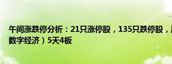 午间涨跌停分析：21只涨停股，135只跌停股，原尚股份（数字经济）5天4板