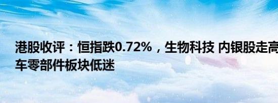 港股收评：恒指跌0.72%，生物科技 内银股走高，黄金 汽车零部件板块低迷