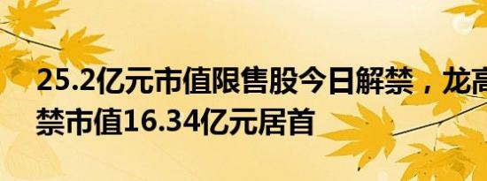 25.2亿元市值限售股今日解禁，龙高股份解禁市值16.34亿元居首