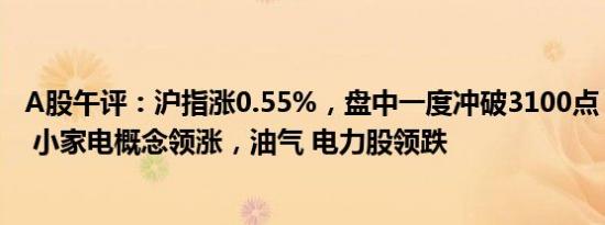 A股午评：沪指涨0.55%，盘中一度冲破3100点，飞行汽车 小家电概念领涨，油气 电力股领跌