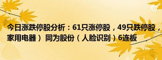 今日涨跌停股分析：61只涨停股，49只跌停股，春光科技（家用电器） 同为股份（人脸识别）6连板