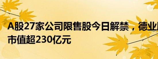 A股27家公司限售股今日解禁，德业股份解禁市值超230亿元