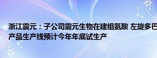 浙江震元：子公司震元生物在建组氨酸 左旋多巴 酪氨酸等产品生产线预计今年年底试生产