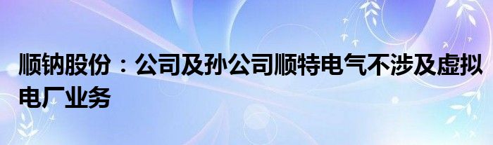 顺钠股份：公司及孙公司顺特电气不涉及虚拟电厂业务