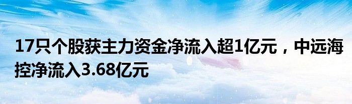 17只个股获主力资金净流入超1亿元，中远海控净流入3.68亿元