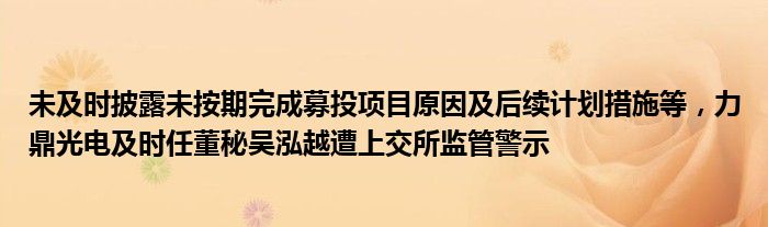 未及时披露未按期完成募投项目原因及后续计划措施等，力鼎光电及时任董秘吴泓越遭上交所监管警示