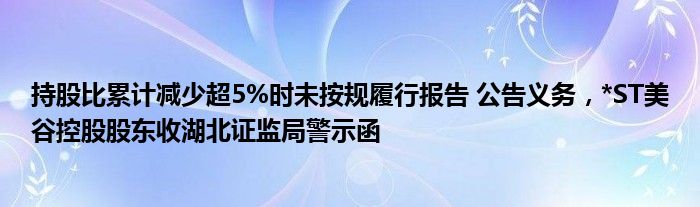 持股比累计减少超5%时未按规履行报告 公告义务，*ST美谷控股股东收湖北证监局警示函