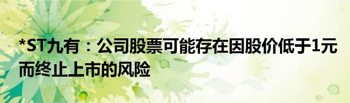 *ST九有：公司股票可能存在因股价低于1元而终止上市的风险