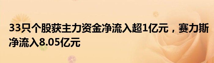 33只个股获主力资金净流入超1亿元，赛力斯净流入8.05亿元