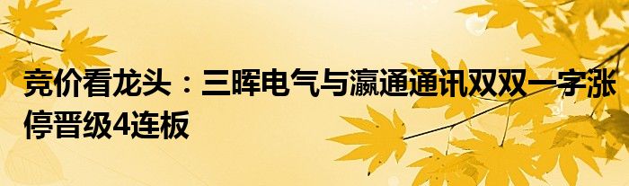 竞价看龙头：三晖电气与瀛通通讯双双一字涨停晋级4连板