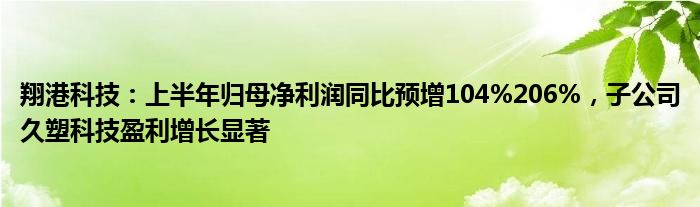 翔港科技：上半年归母净利润同比预增104%206%，子公司久塑科技盈利增长显著