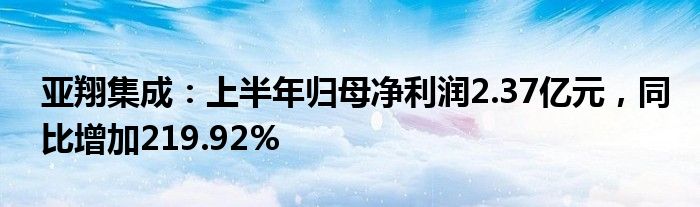 亚翔集成：上半年归母净利润2.37亿元，同比增加219.92%