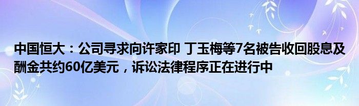 中国恒大：公司寻求向许家印 丁玉梅等7名被告收回股息及酬金共约60亿美元，诉讼法律程序正在进行中