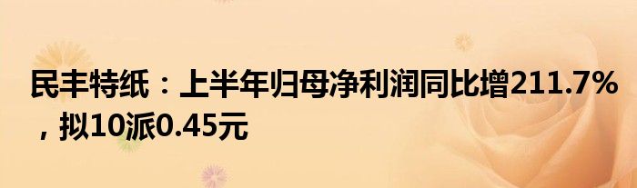 民丰特纸：上半年归母净利润同比增211.7%，拟10派0.45元