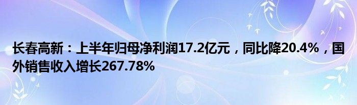 长春高新：上半年归母净利润17.2亿元，同比降20.4%，国外销售收入增长267.78%