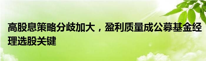 高股息策略分歧加大，盈利质量成公募基金经理选股关键