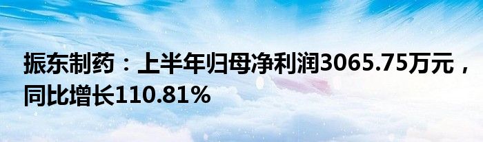 振东制药：上半年归母净利润3065.75万元，同比增长110.81%