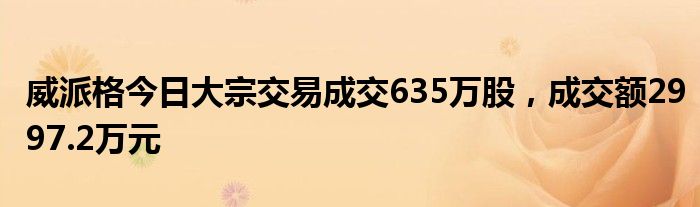 威派格今日大宗交易成交635万股，成交额2997.2万元