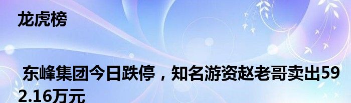 龙虎榜 | 东峰集团今日跌停，知名游资赵老哥卖出592.16万元