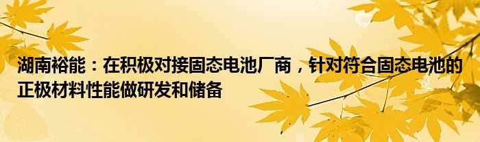 湖南裕能：在积极对接固态电池厂商，针对符合固态电池的正极材料性能做研发和储备