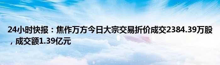 24小时快报：焦作万方今日大宗交易折价成交2384.39万股，成交额1.39亿元