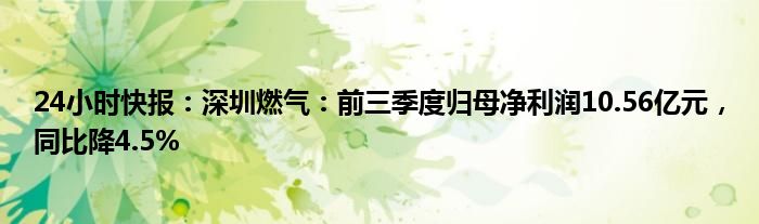 24小时快报：深圳燃气：前三季度归母净利润10.56亿元，同比降4.5%