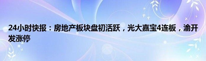 24小时快报：房地产板块盘初活跃，光大嘉宝4连板，渝开发涨停