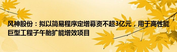 风神股份：拟以简易程序定增募资不超3亿元，用于高性能巨型工程子午胎扩能增效项目