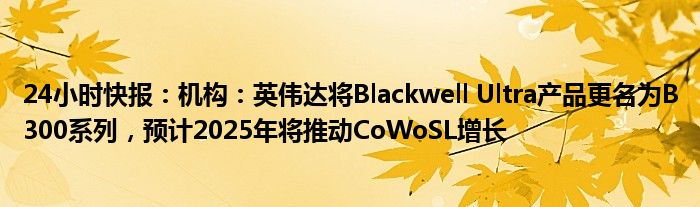 24小时快报：机构：英伟达将Blackwell Ultra产品更名为B300系列，预计2025年将推动CoWoSL增长