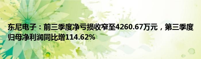 东尼电子：前三季度净亏损收窄至4260.67万元，第三季度归母净利润同比增114.62%