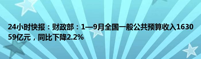 24小时快报：财政部：1—9月全国一般公共预算收入163059亿元，同比下降2.2%