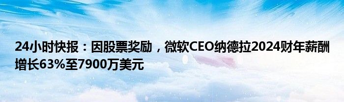 24小时快报：因股票奖励，微软CEO纳德拉2024财年薪酬增长63%至7900万美元