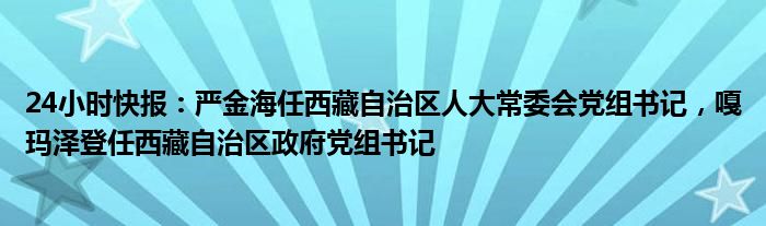 24小时快报：严金海任西藏自治区人大常委会党组书记，嘎玛泽登任西藏自治区政府党组书记