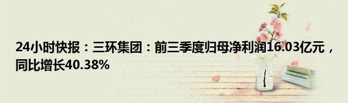 24小时快报：三环集团：前三季度归母净利润16.03亿元，同比增长40.38%