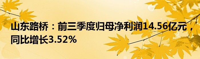 山东路桥：前三季度归母净利润14.56亿元，同比增长3.52%