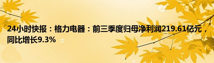 24小时快报：格力电器：前三季度归母净利润219.61亿元，同比增长9.3%