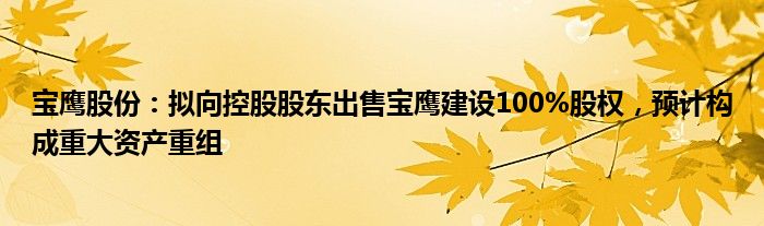 宝鹰股份：拟向控股股东出售宝鹰建设100%股权，预计构成重大资产重组