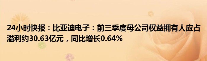 24小时快报：比亚迪电子：前三季度母公司权益拥有人应占溢利约30.63亿元，同比增长0.64%