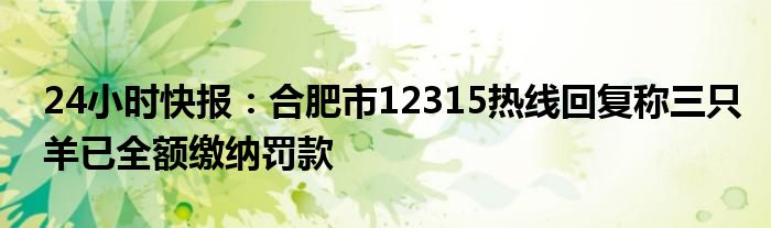 24小时快报：合肥市12315热线回复称三只羊已全额缴纳罚款