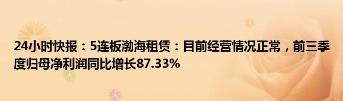 24小时快报：5连板渤海租赁：目前经营情况正常，前三季度归母净利润同比增长87.33%