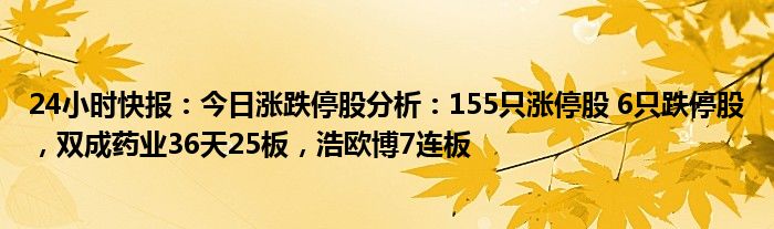 24小时快报：今日涨跌停股分析：155只涨停股 6只跌停股，双成药业36天25板，浩欧博7连板