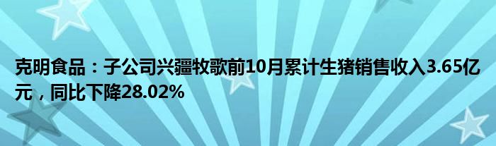 克明食品：子公司兴疆牧歌前10月累计生猪销售收入3.65亿元，同比下降28.02%