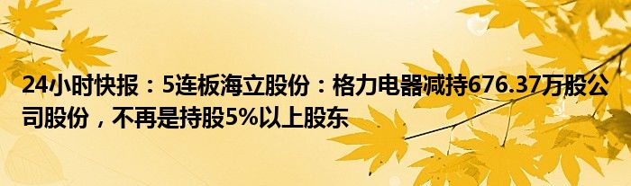 24小时快报：5连板海立股份：格力电器减持676.37万股公司股份，不再是持股5%以上股东